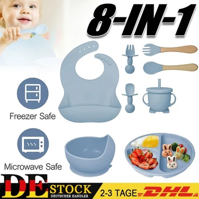 8in1 Silikon Baby Geschirrset Kindergeschirr Kinder Teller w/Saugnapf BPAFrei DE - Bild 1 von 4
