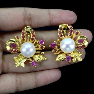 925 Sterling Silver Earrings Pear Ruby Pearl Gemstone Jewelry No USA Import Fees - Picture 1 of 14