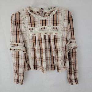AMERICAN EAGLE Womens Blouse Sz LARGE Brown Plaid Lace Boho Peasant Cowgirl NWT - Picture 1 of 14