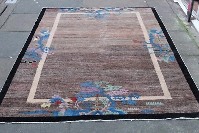 Vintage Worn Hand Made Art Deco Chinese Oriental Grey Beige Wool Rug 234x151cm - Image 1 of 4