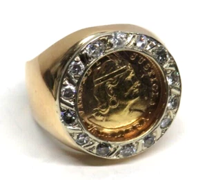 Stunning Solid 18K Yellow Gold Signet Ring w/ 21K Peru Coin size 5.5 - Picture 1 of 14