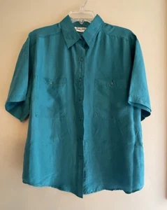 Vintage Jane Ashley 100% SILK Jade Green Oversized Retro Button Up Size M - Picture 1 of 11