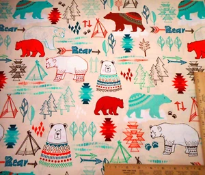 Southwest Fabric 1 Yard Sweater Bear Aztec Tribal Ivory Premium Cotton - Picture 1 of 2