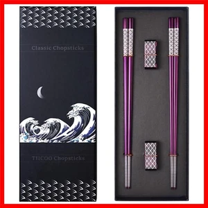 Reusable Titanium Metal Chopsticks Set in Elegant Purple - 2 Pairs with Holders - Picture 1 of 9