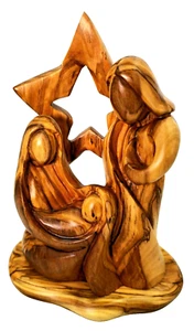 Bethlehem's Nativity Handcrafted Olive Wood Carving Holy Family and Star Scene - Picture 1 of 12