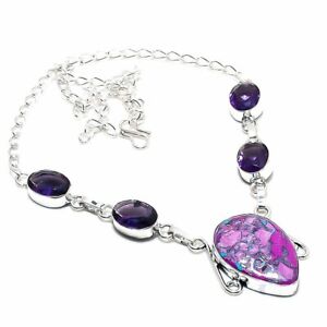 Copper Pink Turquoise, Amethyst 925 Sterling Silver Jewelry Necklace 18" H091