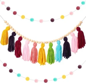 Boho Tassel & Pom Pom Garland Set – 3 Pcs Wall Hanging Decor - Picture 1 of 4