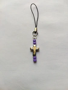 Cross Purple Bead Cell Phone Charm Strap Dangle Pendant Mirror Hanging Decor - Picture 1 of 3