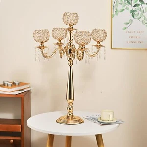 5 Arm Gold Candelabra Centerpieces With Crystal For Wedding Tables29.5inches Tal - Picture 1 of 7