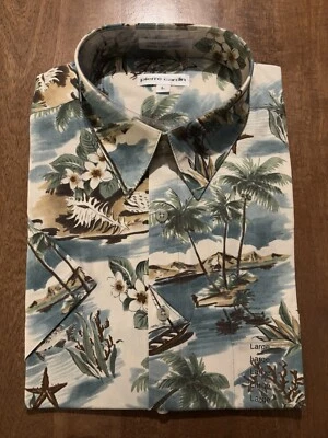 Vintage Pierre Cardin Mens Shirt L Hawaiian Palm Trees Beach Canoe Starfish 3826 - Image 1 of 4