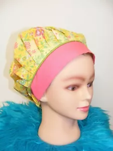 Scrub Bouffant Nurse Doctor Surgical Cap Yellow/Pink Butterflies Flowers Print - Picture 1 of 5