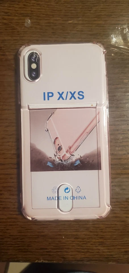 Funda protectora para iPhone X/Xs con soporte para tarjeta de crédito a prueba de golpes delgada transparente rosa Foto 1 de 2