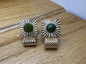 Vintage Manschettenknöpfe grün Stein goldfarben Mesh Wickeloptik - Bild 1 von 2