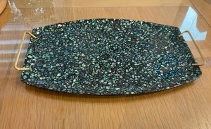 Vintage 1960s Paua Shell Mid Century Turquoise Green Black Tray Brass 32 x 19cm - Picture 1 of 4
