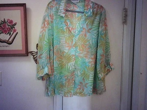 Cathy Daniels mehrfarbige Bluse Flora V-Ausschnitt Kragen 3/4 Ärmel halbtransparent 2X - Bild 1 von 6