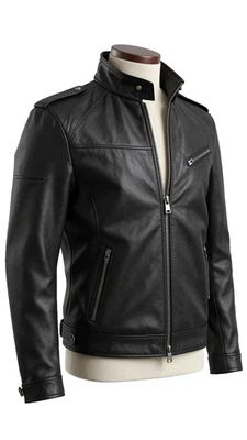 Men's Vintage Stylish Soft Genuine Lambskin Real Leather Biker Jacket Black Moto - Image 1 of 4