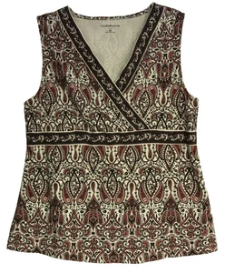 Croft Barrow Women's XL Surplice Wrap Tank Top Brown Paisley Stretch Cotton - Picture 1 of 10