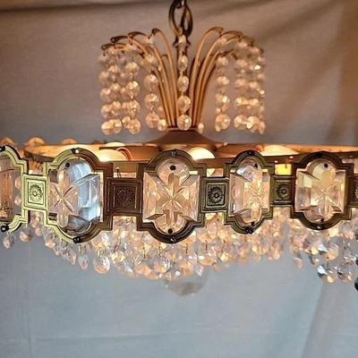 Vintage 23" Gold Crystal Chandelier Mid Century Hollywood Regency Hanging Light  - Image 1 of 4