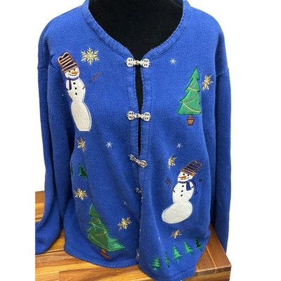 Винтажный 90-х кристалл Кобе Рождественский снеговик кардиган свитер большой переключатель синий - Изображение 1 из 4