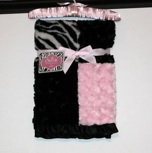Reversible Luxury Baby Blanket 100% Poly Satin Trim Pink Black Print 30"x 40" - Picture 1 of 3