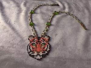 Collana Etnica/Boho Ciondolo Tigrato Vetro Perle Cristallo Verde Arancione - Foto 1 di 7
