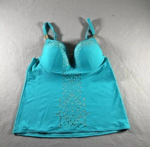 Swim By Cacique Tankini Top Womens 38D Blue Underwire Plunge Laser Cut Out New - Picture 1 of 1
