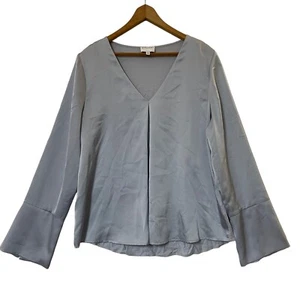 Witchery Womens Blouse Size XL Blue Long Sleeve V Neck Pleat Front Hi Low Hem - Picture 1 of 15