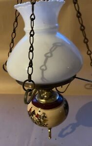 Vintage Ornate Gold Colour Ceiling Light Porcelain Hunting Scene Oil Lamp Style