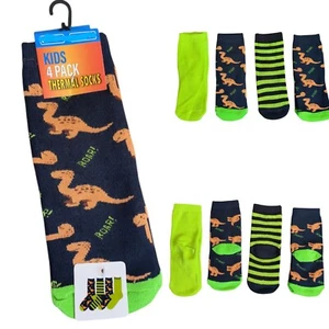 Kids Young Boys 4 Pack Size 6-8.5 Thermal Socks Green Dinosaur Striped - Picture 1 of 6