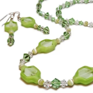 Sparkly Peridot Green Swarovsky & Glass Bead Necklace & Earring Set By SoniaMcD - Picture 1 of 11