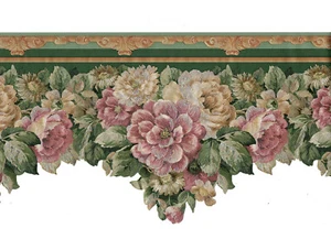 Victorian Scalloped Green Silk Mauve Pink Rose Floral Wallpaper Border 9.5" H - Picture 1 of 9