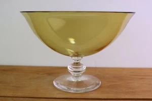 Light Amber Glass Compote Clear Textured Ball Stem 8 3/4 " Diameter Bowl - Picture 1 of 5