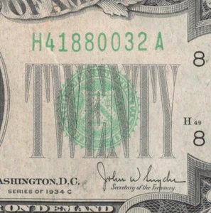 1934 C St louis Twenty Dollar Bill H41880032A Back Plate H49 611 - Picture 1 of 11