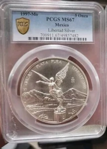 1997 MEXICO SILVER LIBERTAD 5 ONZA PCGS MS 67  NICE - Picture 1 of 2