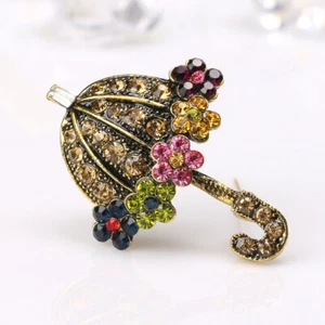 vintage cute umbrella alloy colored rhinestone brooch pin bronzed women's gift - Picture 1 of 6
