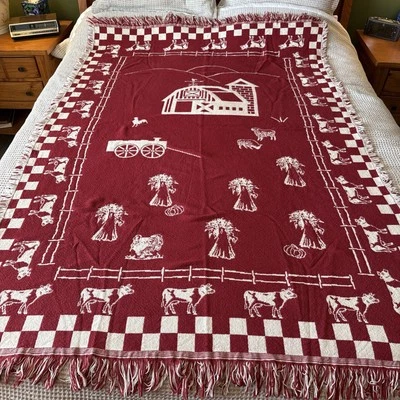 Rare Vintage Goodwin Weavers Red And White Tapestry Throw Dairy Farm Cows Animal - Image 1 of 4