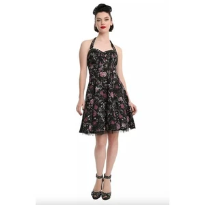 Hot Topic Floral Insect Swing Dress Black Halter Sweetheart Whisygoth Small - Picture 1 of 13