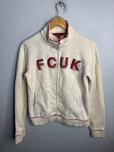 FCUK Jeans Jacket Womens Large White Red Full Zip Spell Out Y2K Track Top - Picture 1 of 8
