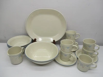 Corelle  "SYMPHONY" Beige W/Blue Rim (18pcs) Creamer- Bowls-Cups-Saucers-Platter - Image 1 of 4