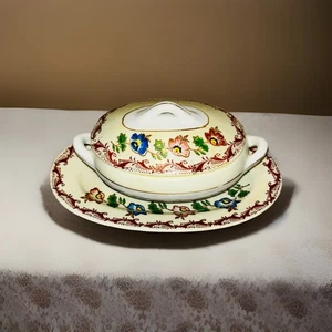 Vintage Japan Mini weiße Porzellan Terrine Blumenmuster unter Teller - Bild 1 von 7