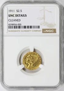 1911 $2.5 Indian Gold Quarter Eagle NGC Unc Details Cleaned - Imagen 1 de 4