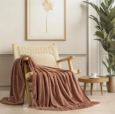 (#270) EVERGRACE Soft Chenille Throw Blanket w/Tassels,  Clay 50"x60", MSRP=$27 - Image 1 of 4