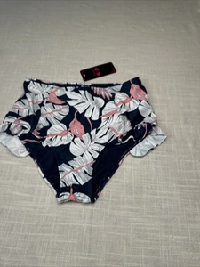 Shekini High Waist Ruffle Bikini Bottom Women’s Size Small Navy White Pink - Picture 1 of 12