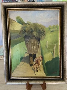 Tableau Huile sur panneau signé Eugene Noack 1908/1985 Paysan chien Moisson 1939 - Afbeelding 1 van 6
