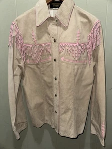 Camisa De Colección Crazy Ranch Designs Vaquera Cuero Rodeo Fecha Noche Rosa Flecos Talla L - Imagen 1 de 7
