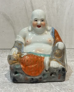 Chinese Porcelain Feng Shui Happy Maitreya Laughing Buddha Statue 5 1/2”H Marked - Picture 1 of 9