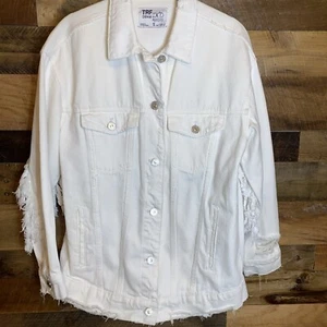 Giacca jeans TRF denim invecchiato bianco frange oversize S. Misurata in foto - Foto 1 di 8