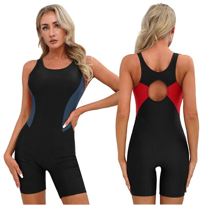 DE Damen Badeanzug mit Bein Einteiler Sportlich Schwimmanzug Bauchweg Racerback - Bild 1 von 3
