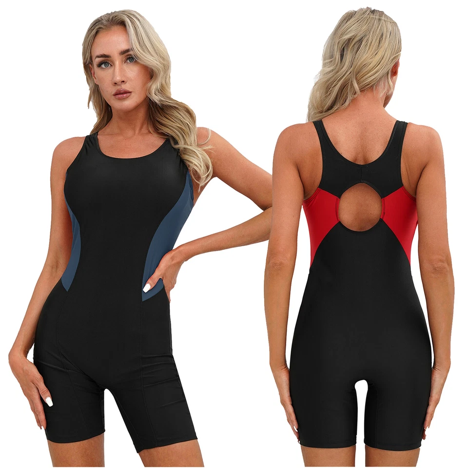 DE Damen Badeanzug mit Bein Einteiler Sportlich Schwimmanzug Bauchweg Racerback - Bild 1 von 3