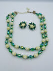 Hobe Vintage Green Iridescent & Flower Molded Glass Beaded Necklace & Earrings